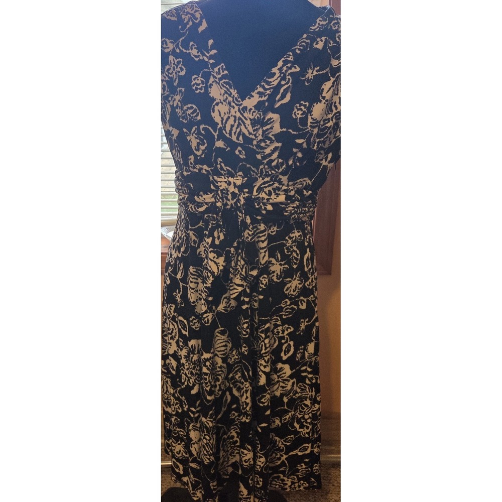 Evan-Picone Black White Floral Faux Wrap Midi Dress 12 VTGListing Description
